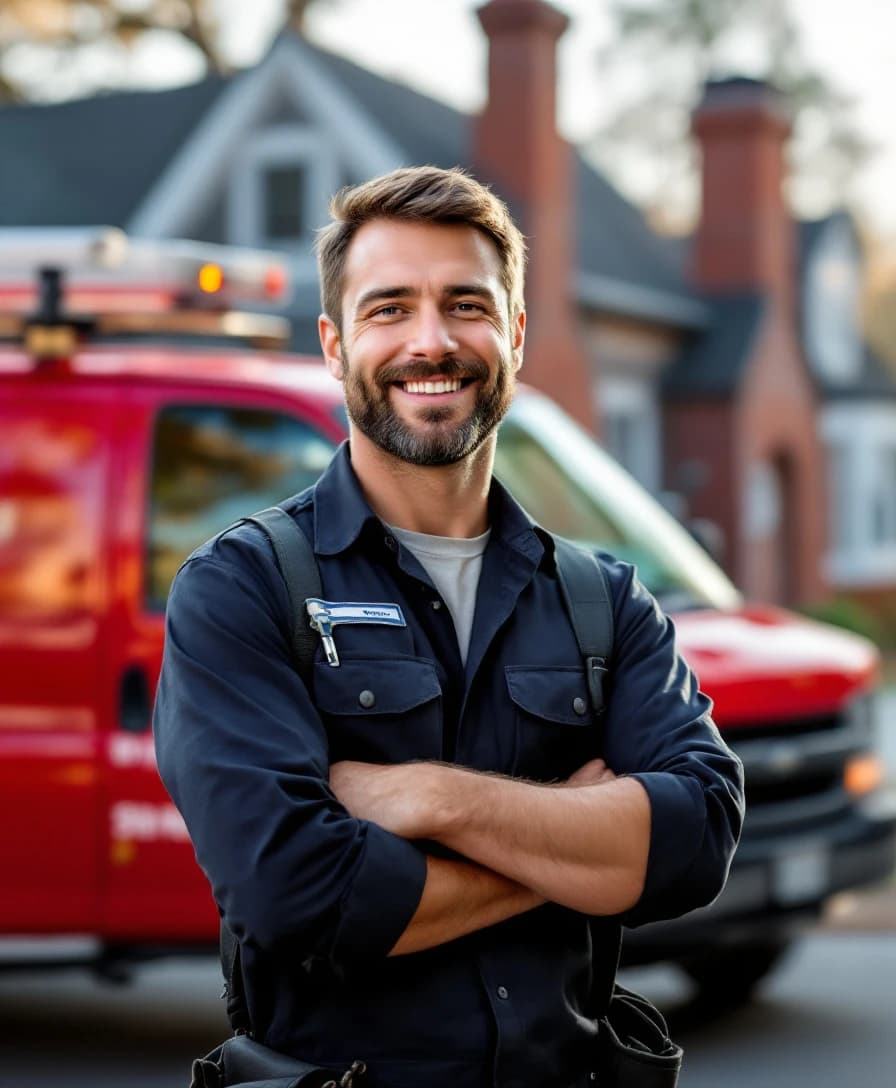 Upside Down Chimney Sweeps technician servicing a brick chimney on a Massachusetts home